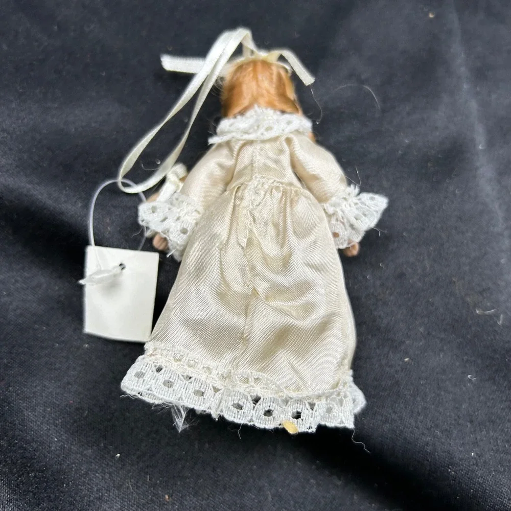 Miniature Porcelain Doll Ornament Cream Satin Lace Dress Braided Hair Vintage